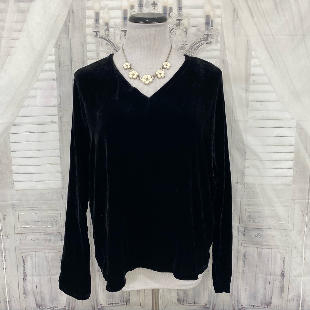 Eileen Fisher Size Small Black Silk Blend Dolman Sleeve Silk V-Neck Top Pullover